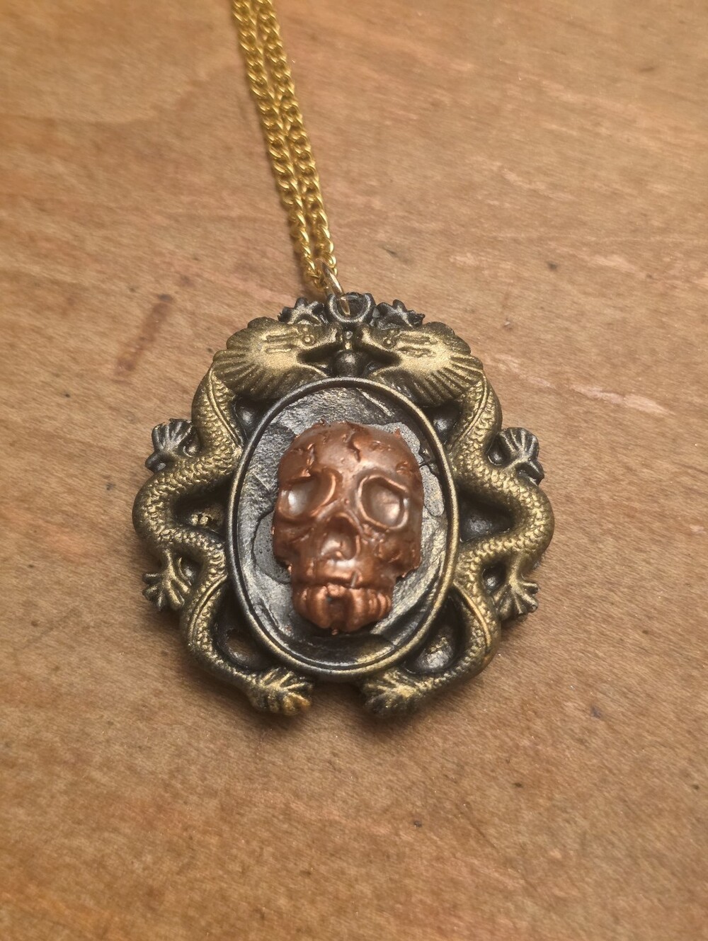 Central Copper Skull With Adorning Dragons, New Resin Necklace On Gold Chain